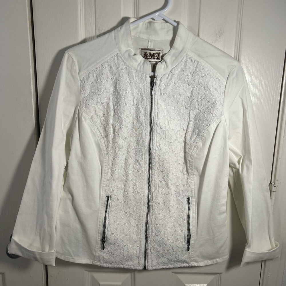 AMX Women's Jacket White Lace‎ Full Zip Long Sleeve Sz M